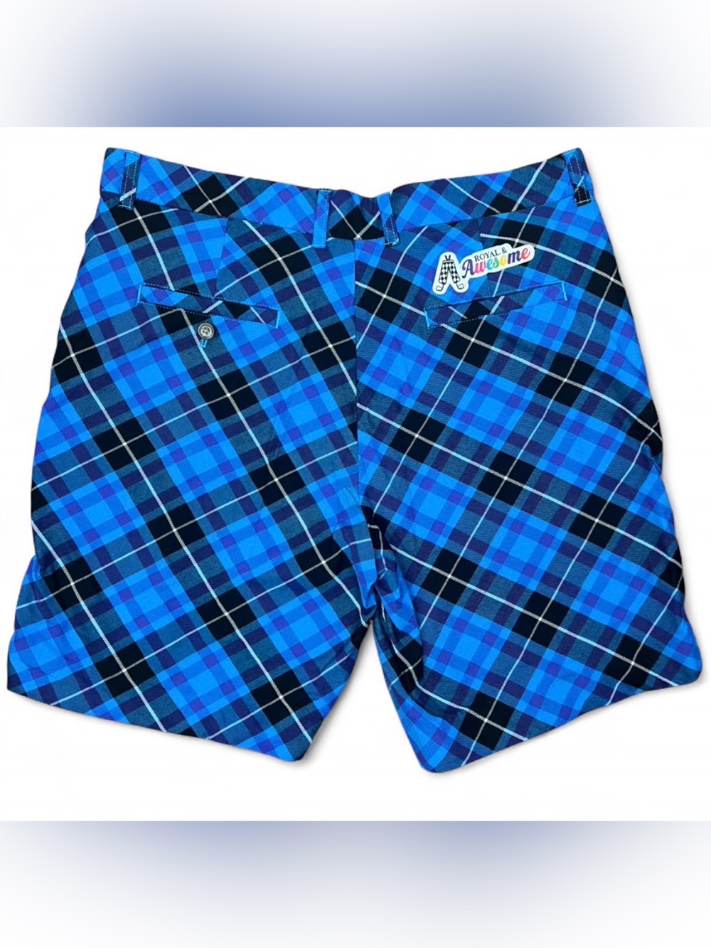 Royal and Awesome Blue Black Plaid Flat Front Men’s Shorts 36 Preppy Golf